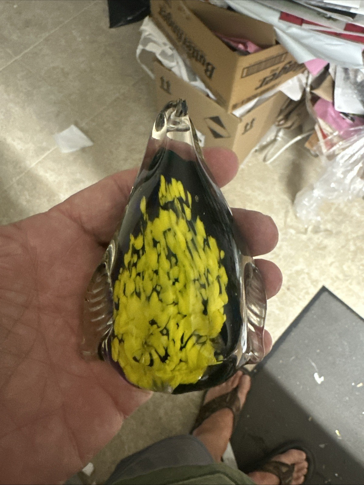 Art Glass Penguin Black Yellow Swirl Paperweight Pre-owned  4”