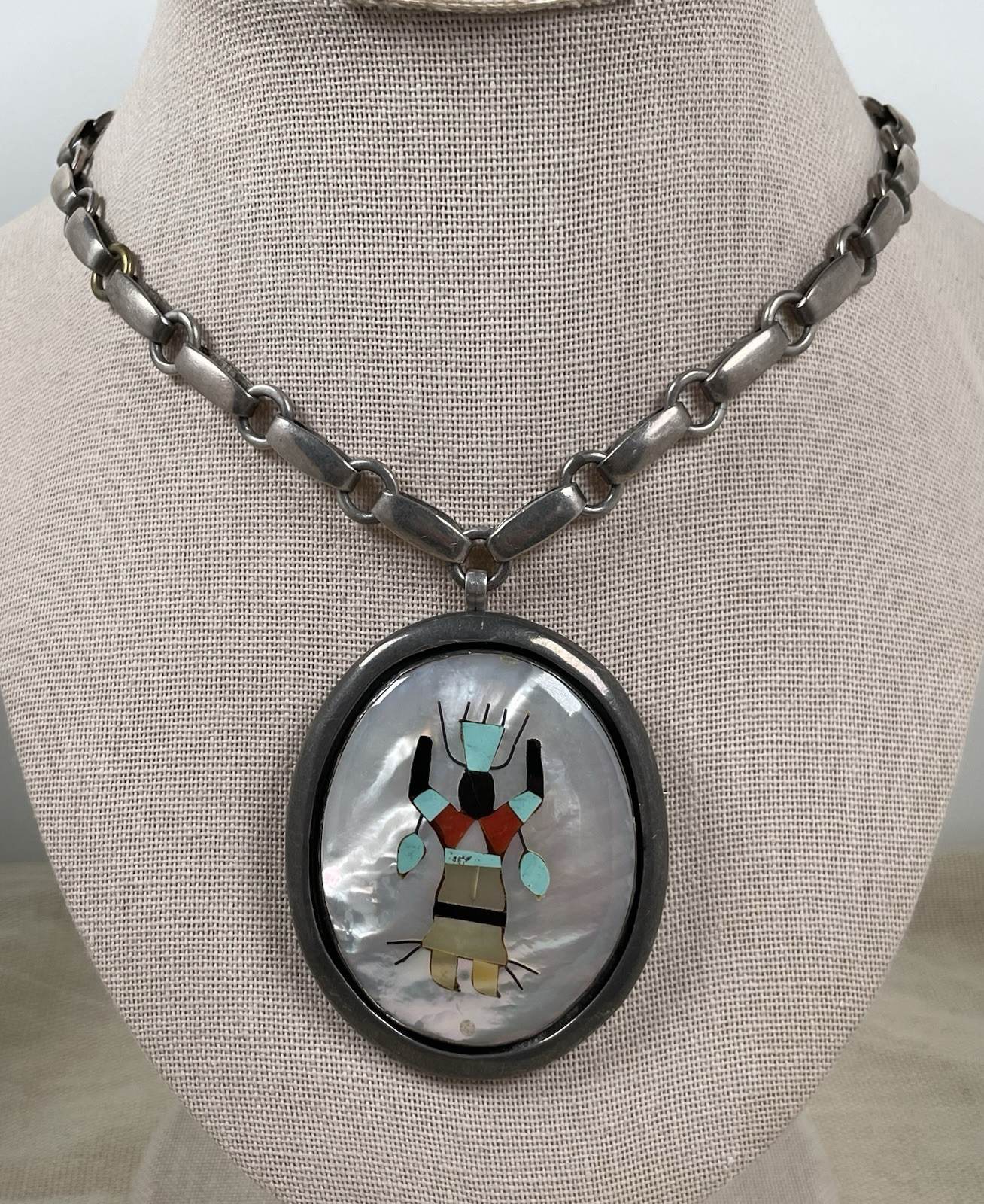 Vintage J. Lovato Sterling Kachina Inlay Mother of Pearl Pin Pendant Necklace