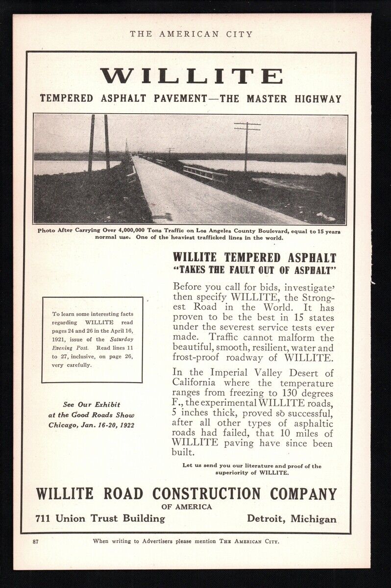 1922 Willite asphalt ad  Road Construction  Detroit MI Vintage  photo print ad