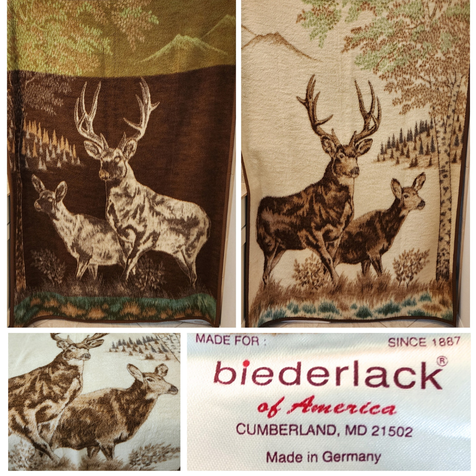 Vintage BIEDERLACK Made in Germany Reversible Plush Blanket Buck Doe Deer Scene
