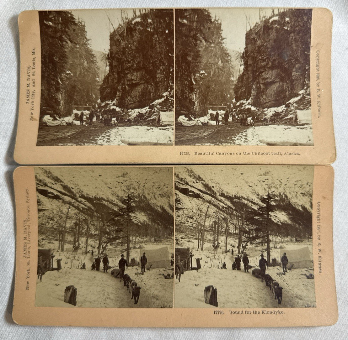 Lot of 2 Alaska Klondike Gold Rush Stereoview Cards - Chilkoot Pass, Dog Team