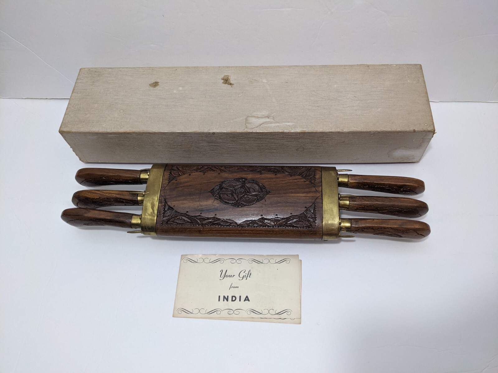 Vintage Unique Ornate Hand Carved Wood and Brass INDIA 6 pc Knife Set with Block