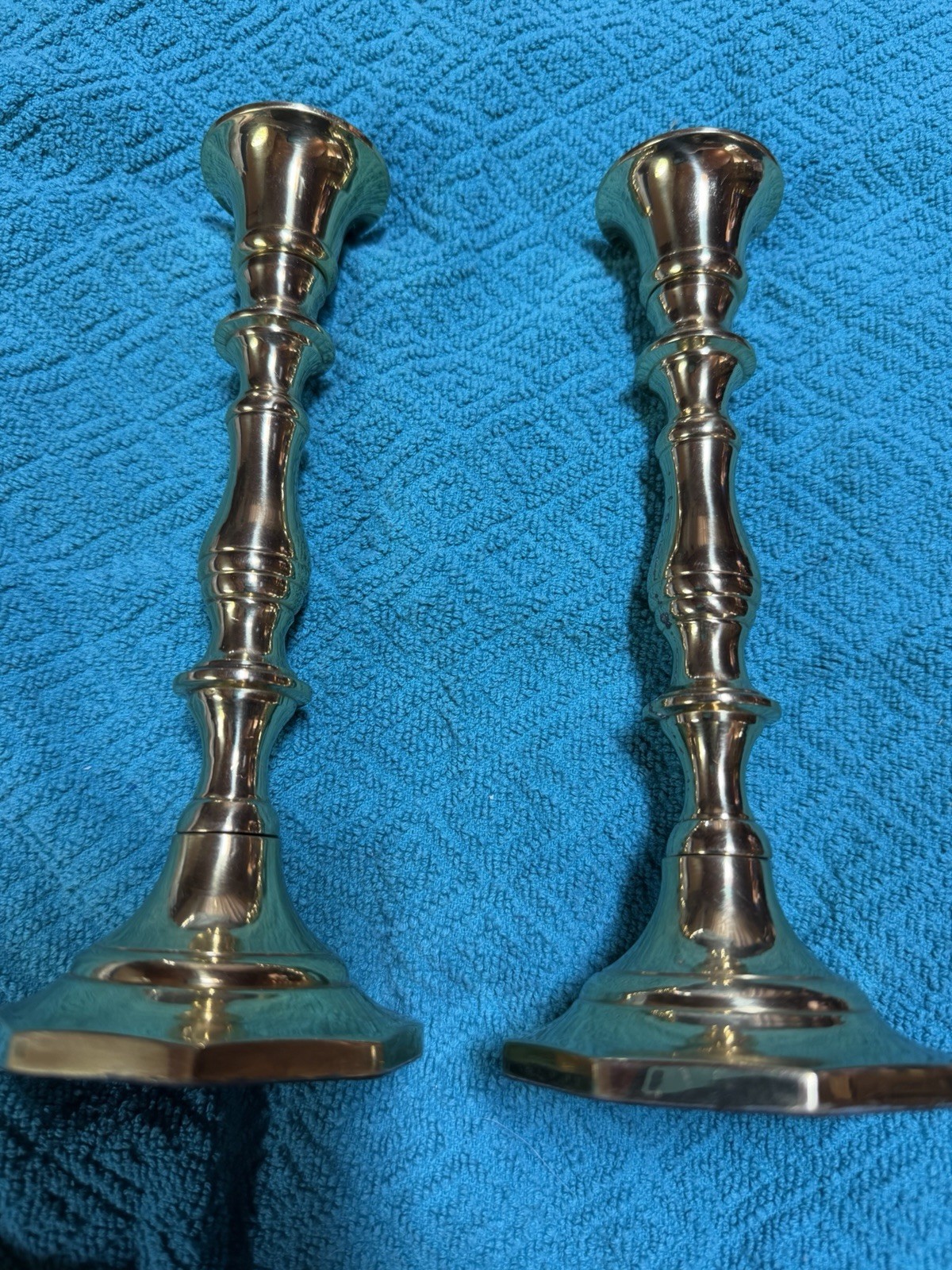 Set Of Two Brass Candleholders. Approx 8”. 