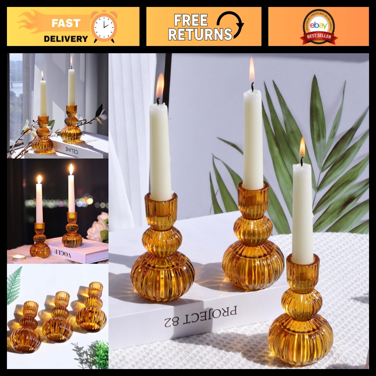Set of 3 Vintage Amber Taper Candle Holders 4.3 Set of 3 Vintage Amber Taper Candle Holders 4.3