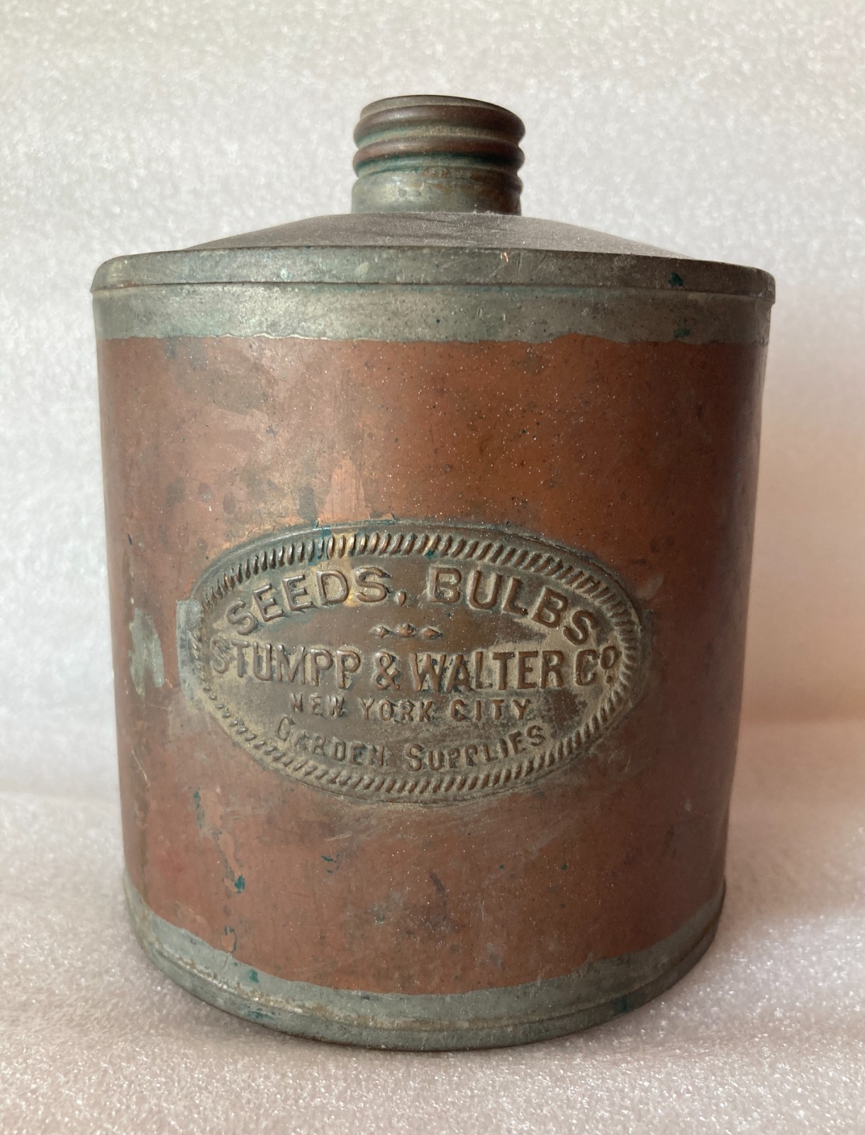 Antique Stumpp & Walter Co New York City Copper Canister Seed Bulb Garden Bottle