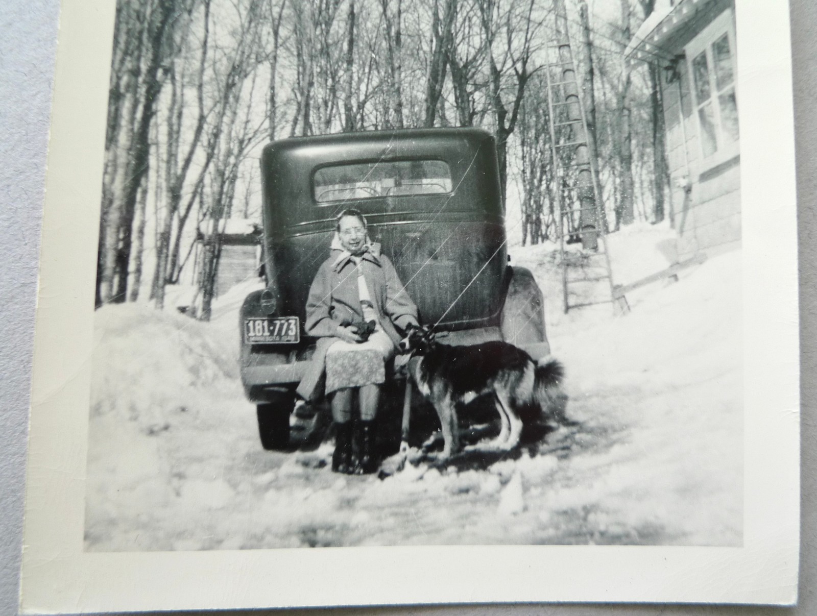 Antique 1948 automobile Minnesota plate woman with dog snow vintage orig photo