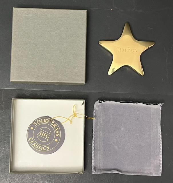 Vintage AITG StarRep Solid Brass Star Paperweight SH042 w/Box Pouch Taiwan