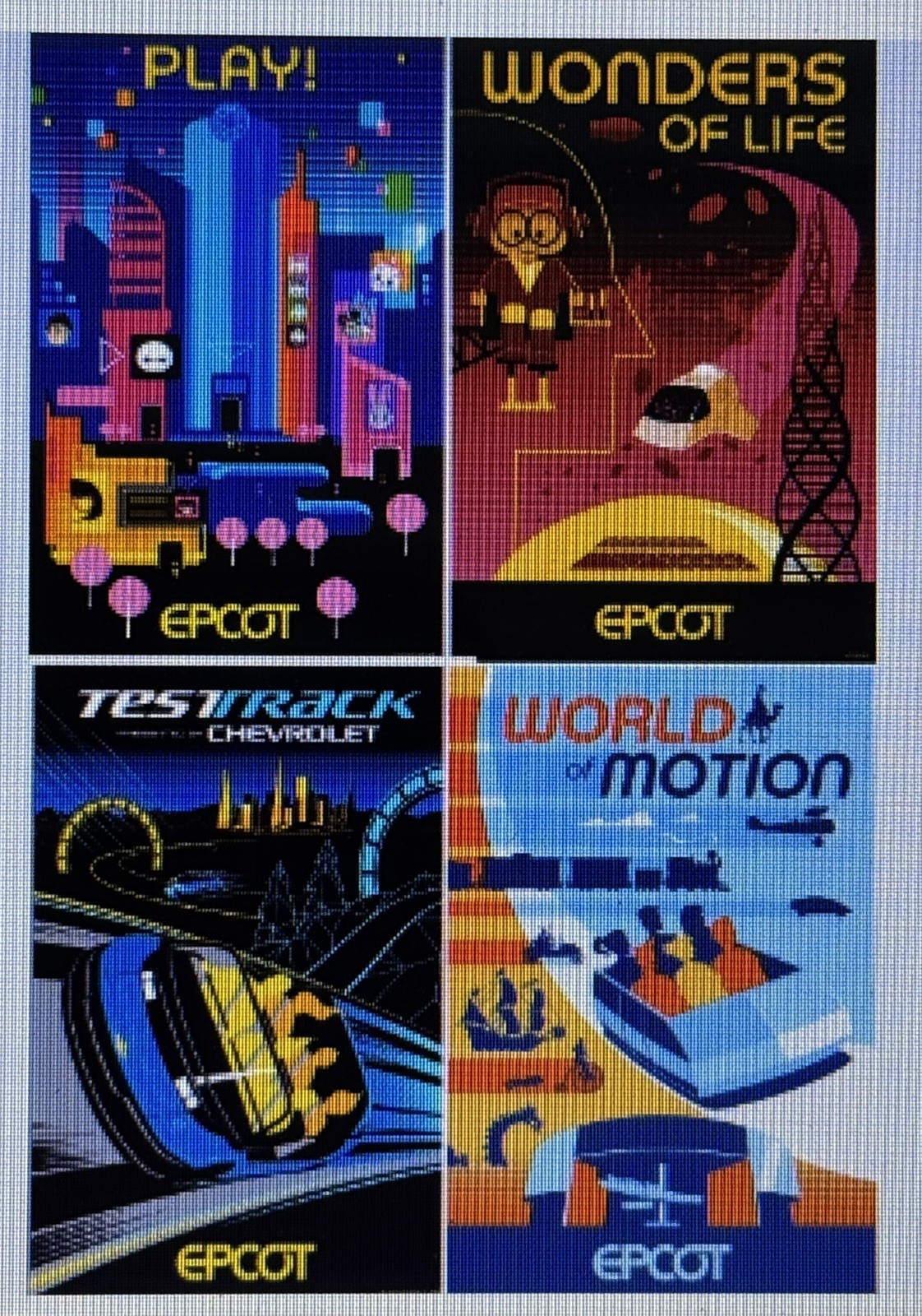 4 New Epcot Serigraph 58/300 World of Motion, Test Track, Wonders of Life, Play