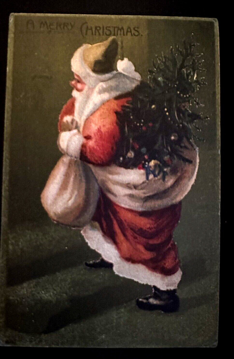 Red Robe Santa Claus with Sack~Tree~ Antique Christmas~Postcard~k753