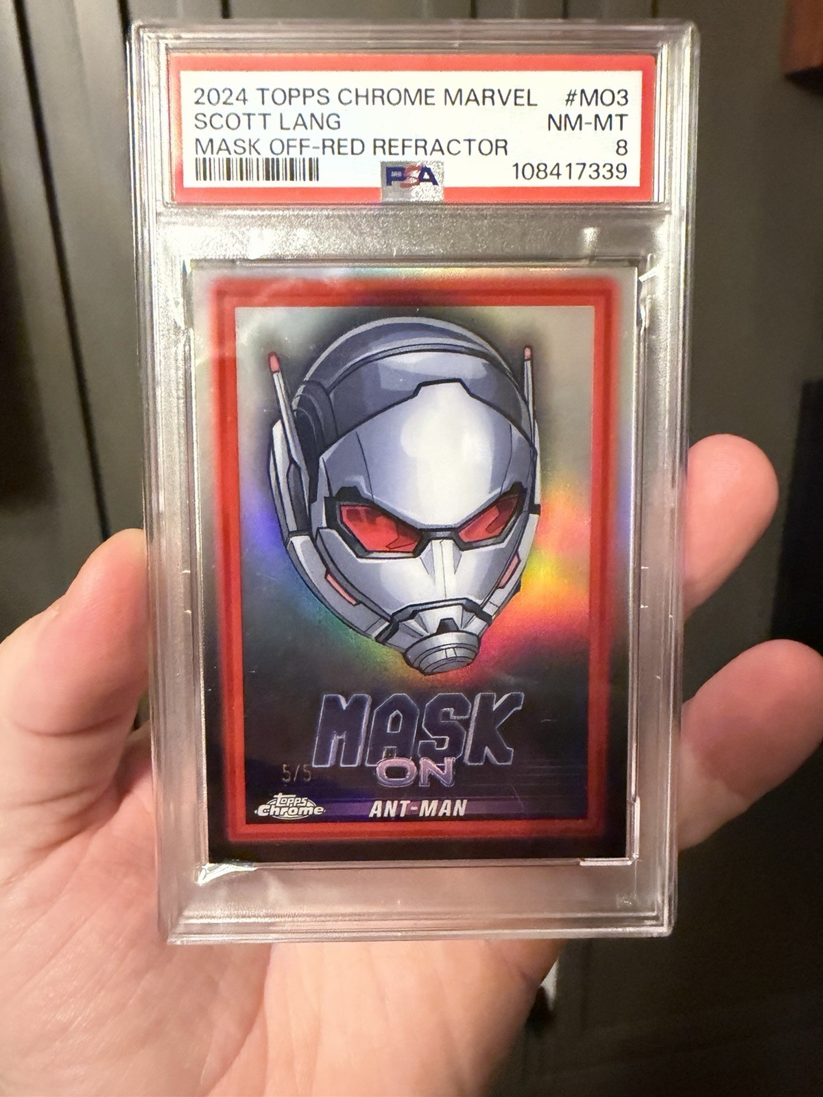 2024 Topps Chrome Marvel ANT-MAN Mask Off Red Refractor 5/5 (PSA 8) 2024 Topps Chrome Marvel ANT-MAN Mask Off Red Refractor 5/5 (PSA 8)