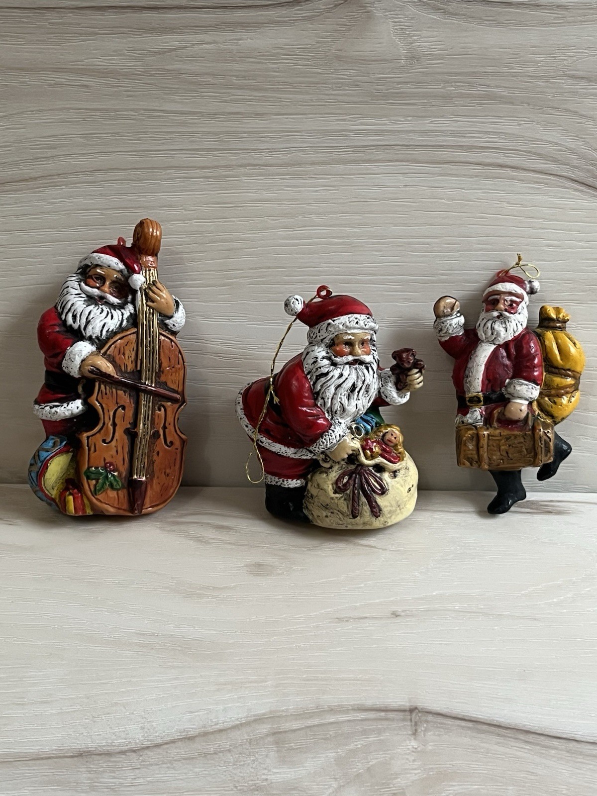 3 VTG 1970s Blow Mold Hard Plastic Santa Claus Christmas Ornament Figures