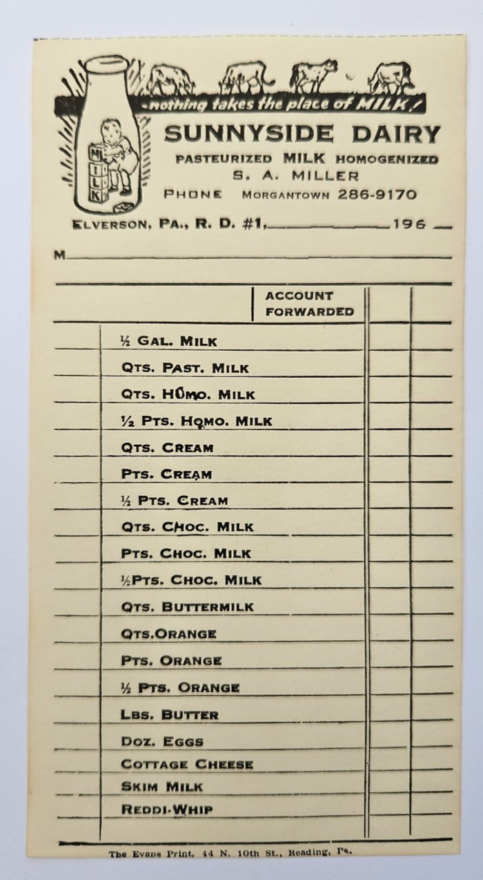 Vintage Sunnyside Dairy Store Receipt