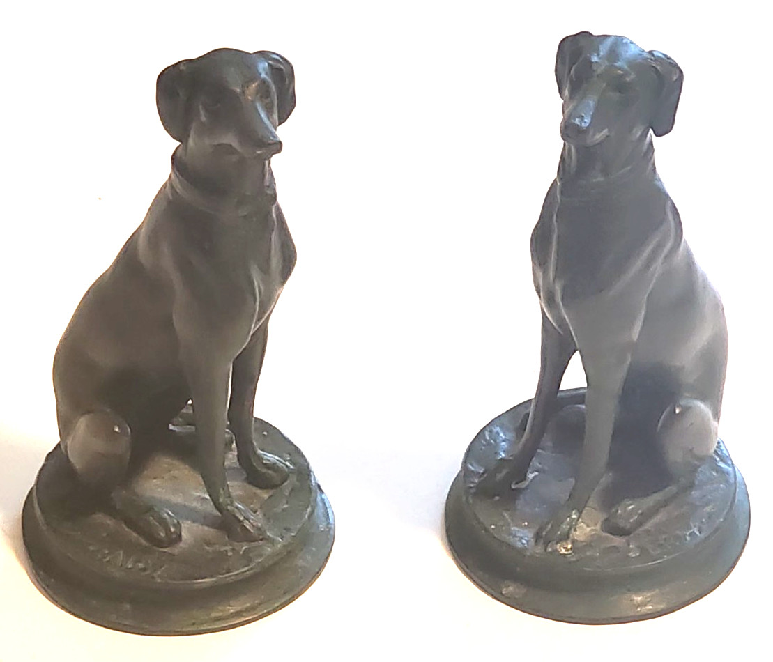 PAIR of ANTIQUE BRONZE SITTING DOGS SCULPTURES SIGNED BARYE 6 1/4