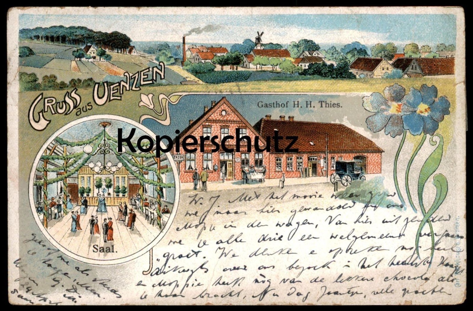 VINTAGE LITHO POSTCARD GREETING FROM UENZEN BRUCHHAUSEN-VILSEN INN H. H: THIES SAA