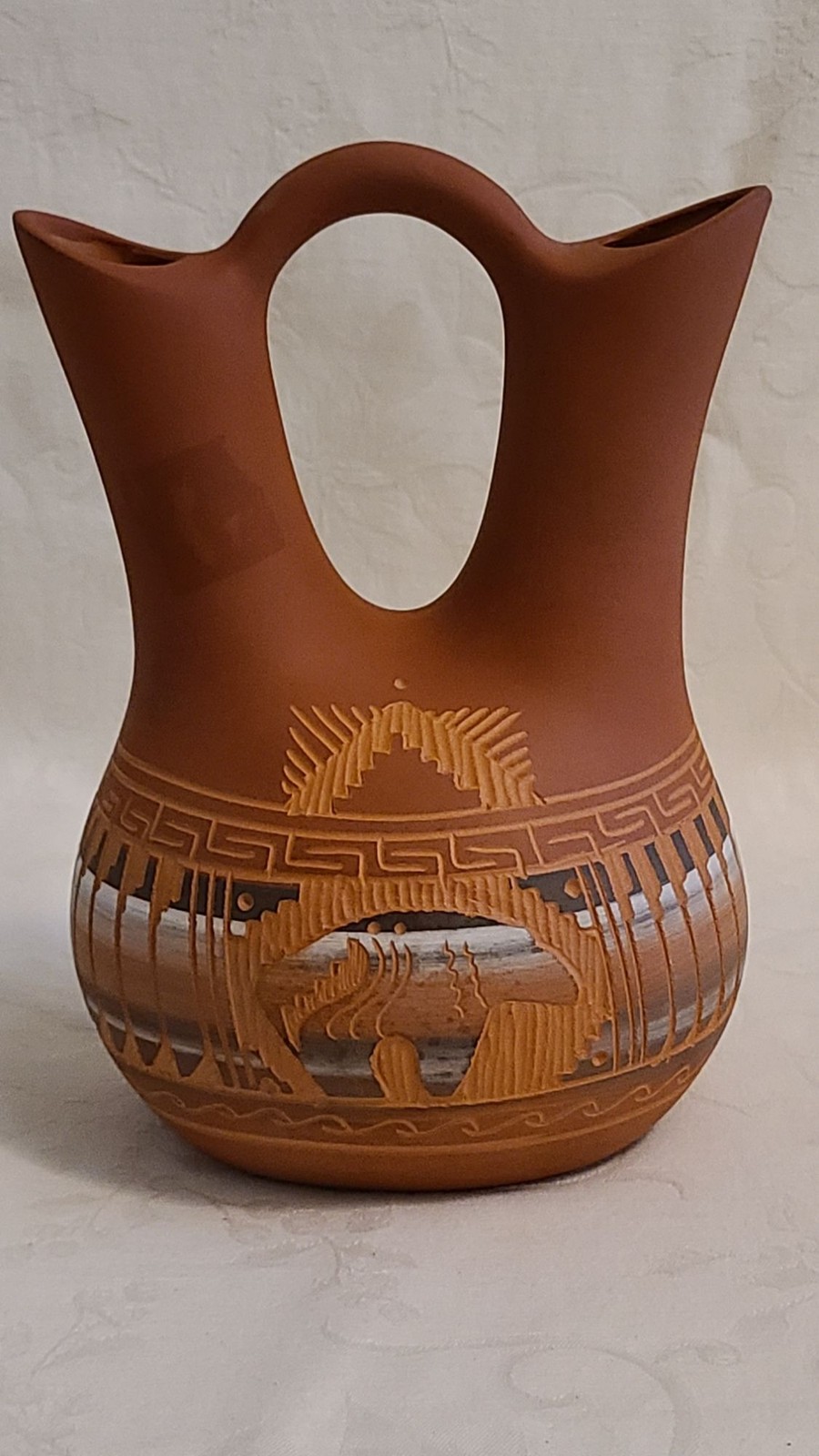 Navajo Wedding Vase Signed Ernie Watchman Etched Couple Pottery 
