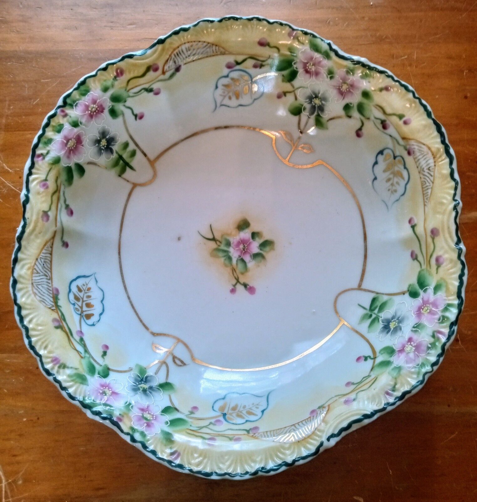 Vintage Fine Porcelain Bowl, Beautiful Blue and Pink Flowers, Gold Design 10 IN