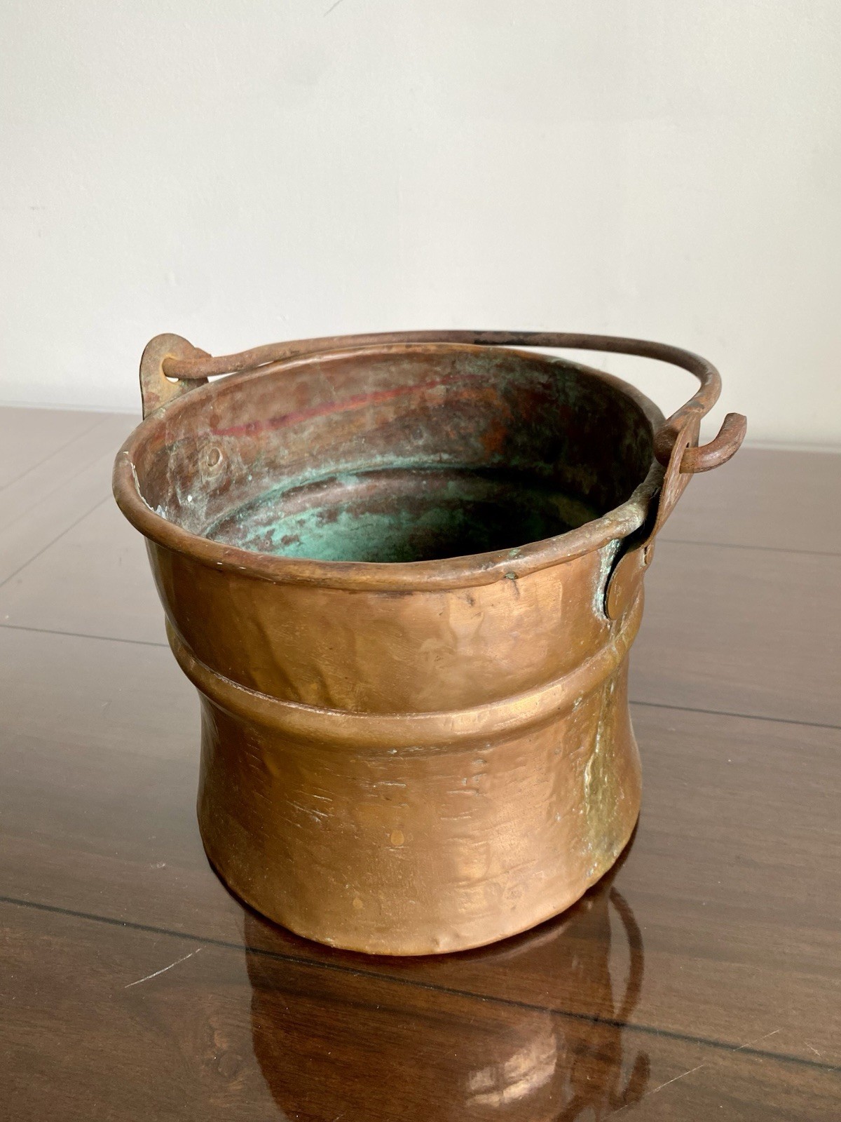 Antique Copper Bucket Pail Dovetail Seam Forged Iron Handle 8\