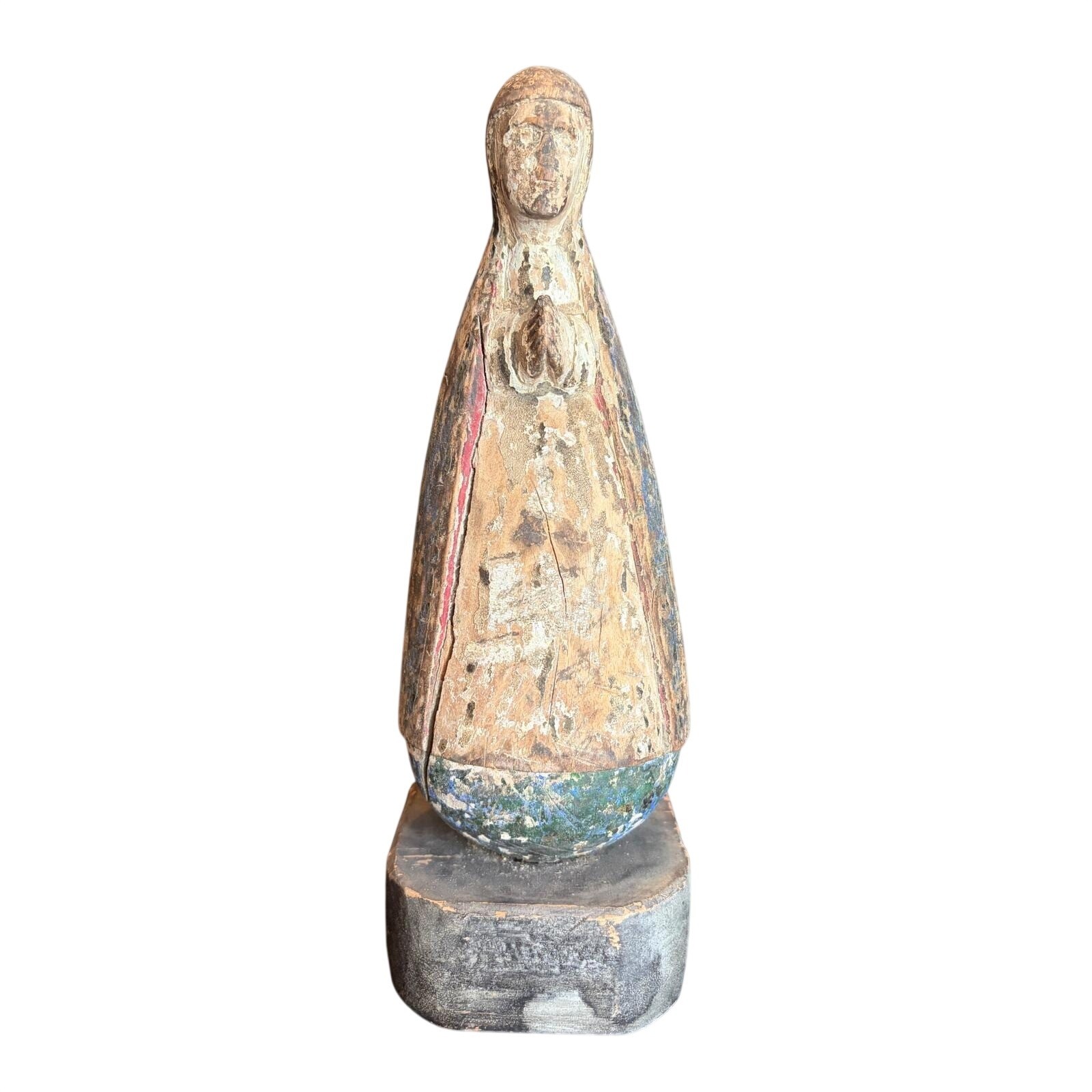 Antique Hand Carved Wooden Santo Virgin Mary Polychrome Folk Art Statue