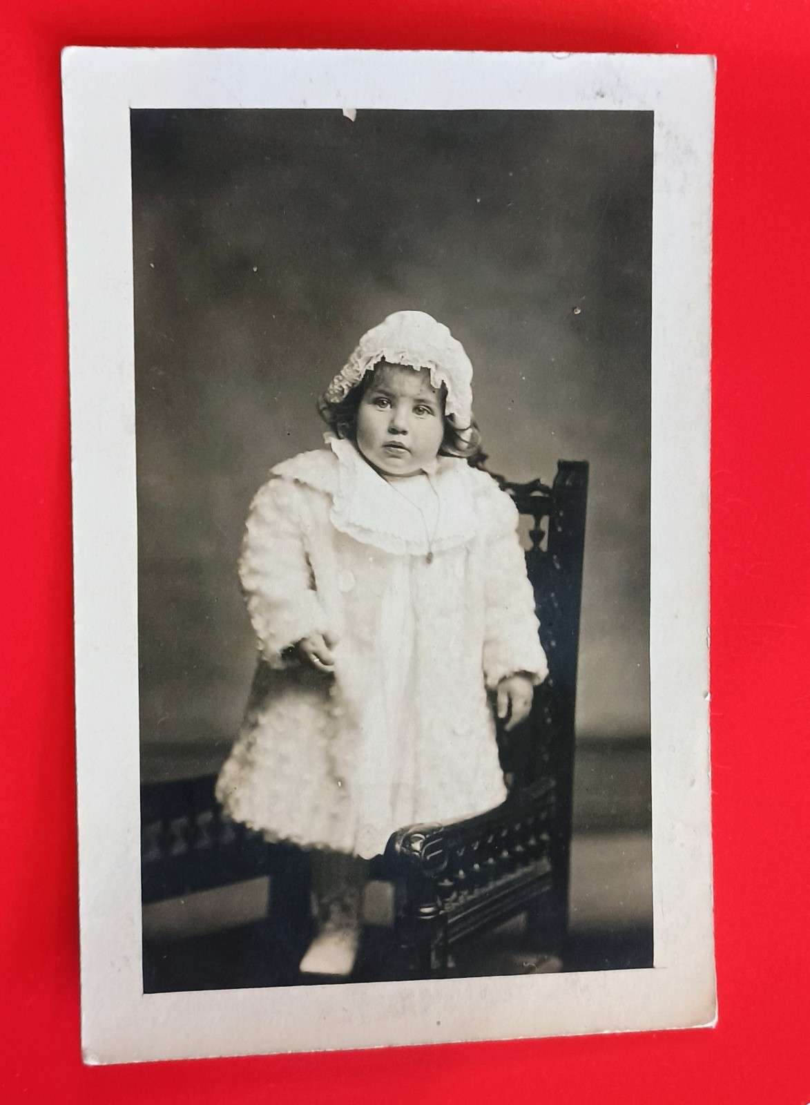 RPPC Young Girl Standing On Chair Wearing Bonnet And Coat Necklace RPPC Young Girl Standing On Chair Wearing Bonnet And Coat Necklace