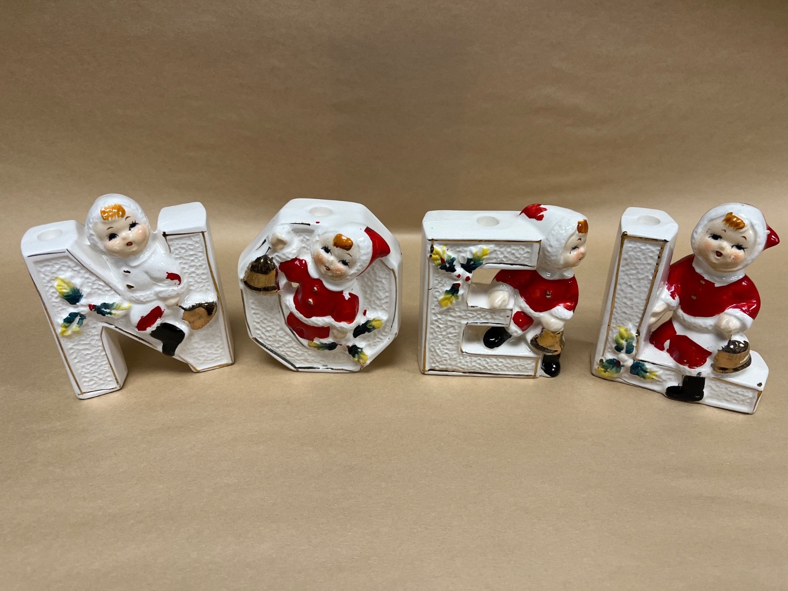 Vtg Lipper & Mann NOEL Pixie Kids Candle Holders MCM Christmas Japan Kitschy