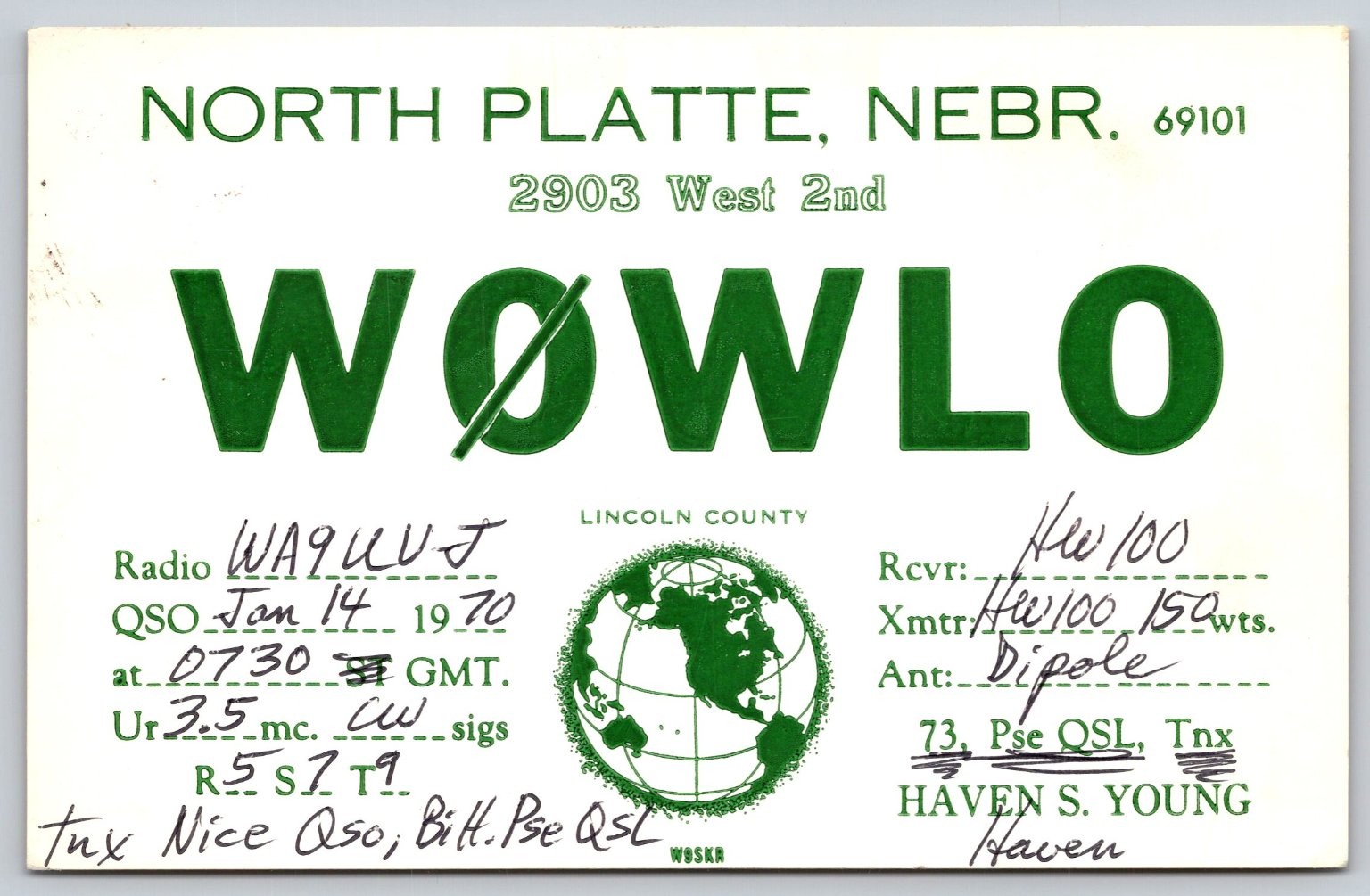 1970 North Platte NE WOWLO QSL Card Amateur Radio Haven S. Young WA9LLUJ A27
