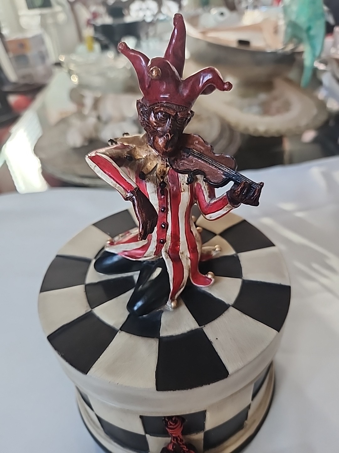 Vintage Jester Monkey Playing Violin Lidded Box With Tassel Heavy 5.5x10\