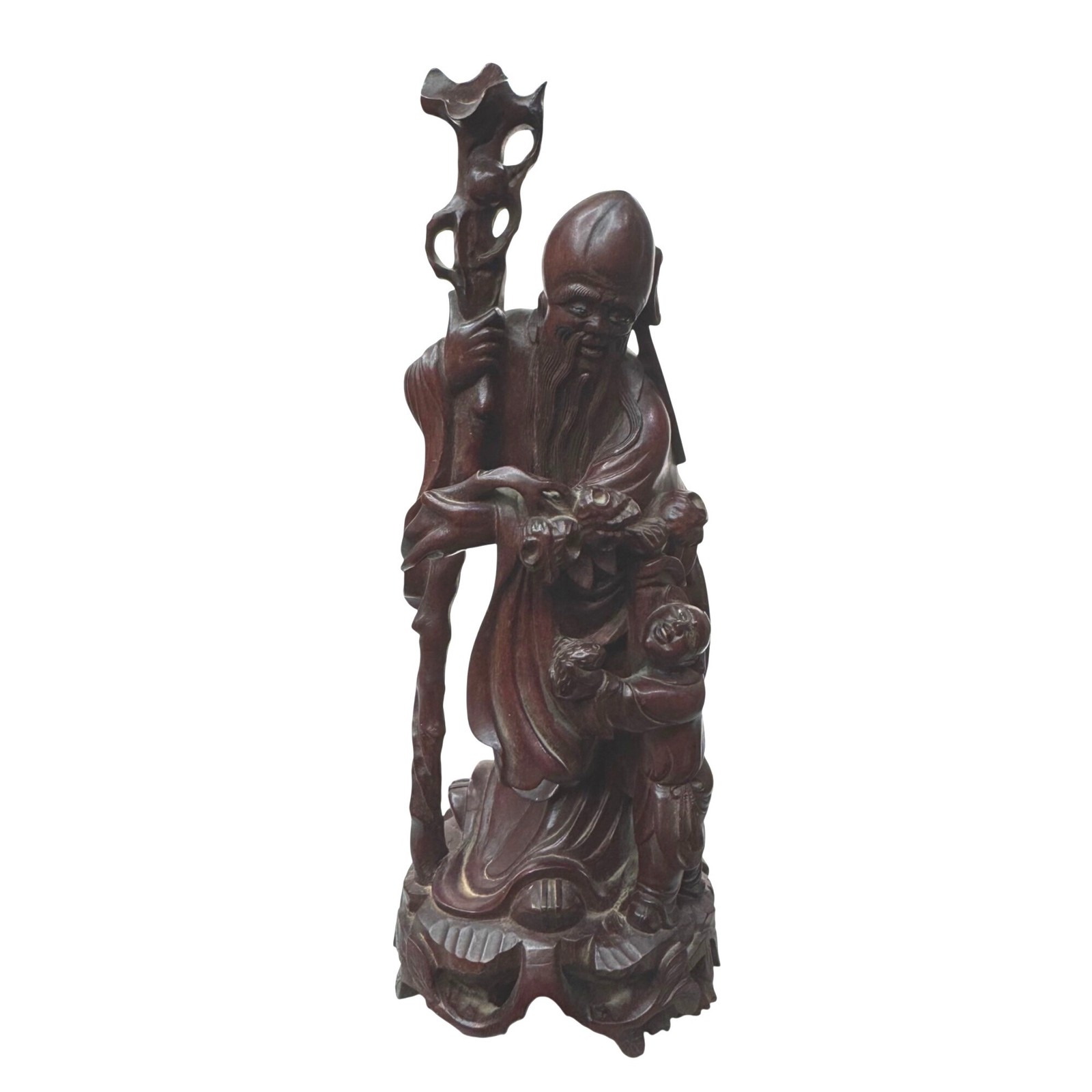  Shou Lao Hand-Carved Wooden Statue W/ Staff & Children 12\