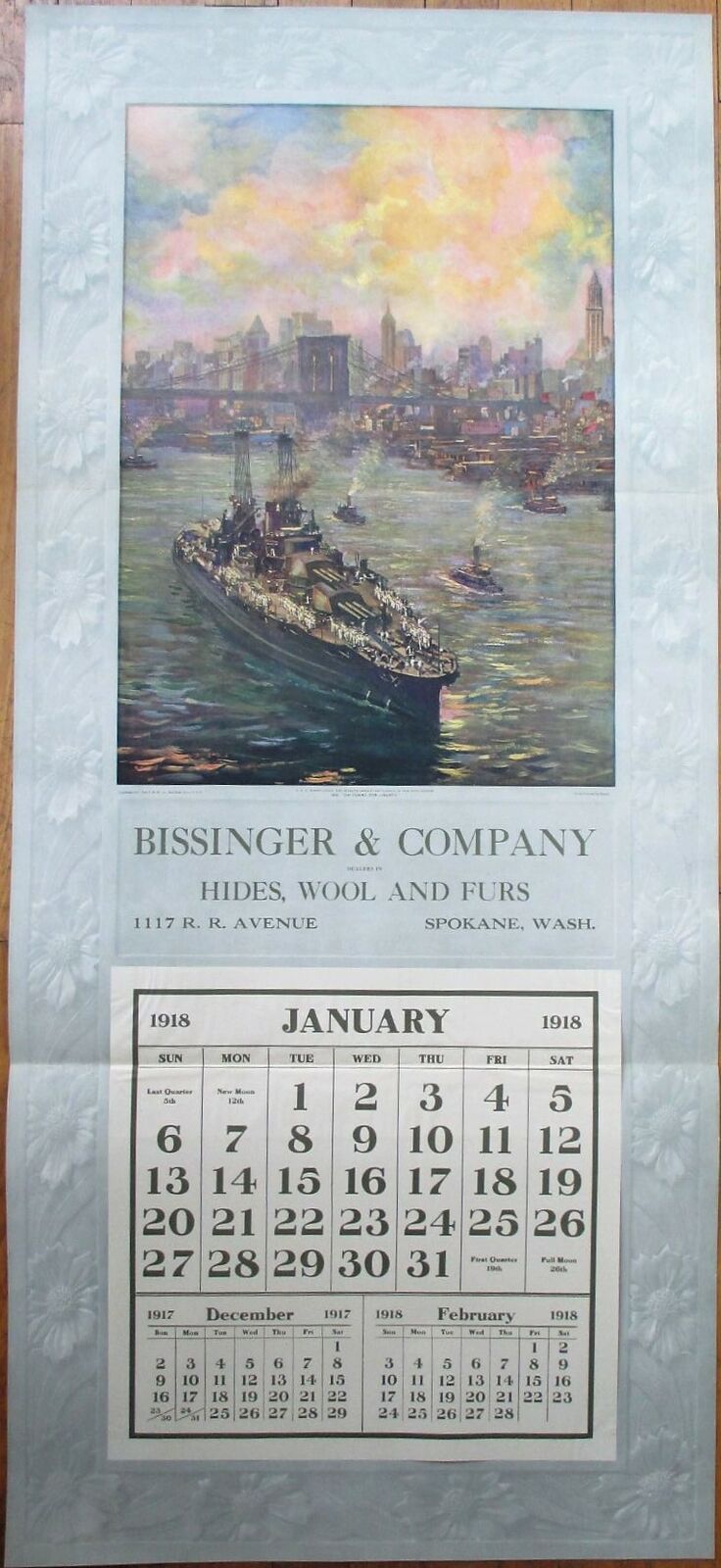 Spokane, WA 1918 Advertising Calendar/48x22 Poster: Fur/Hides, WWI Military Ship
