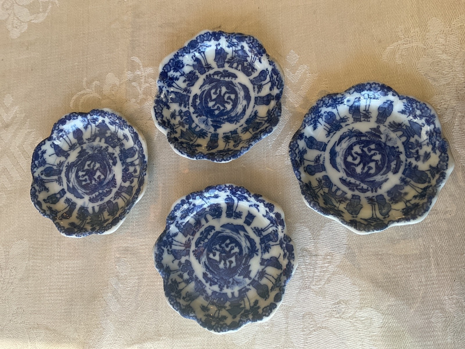 4 Antique Butter Pats, Blue White Scallop Edge Asian Design