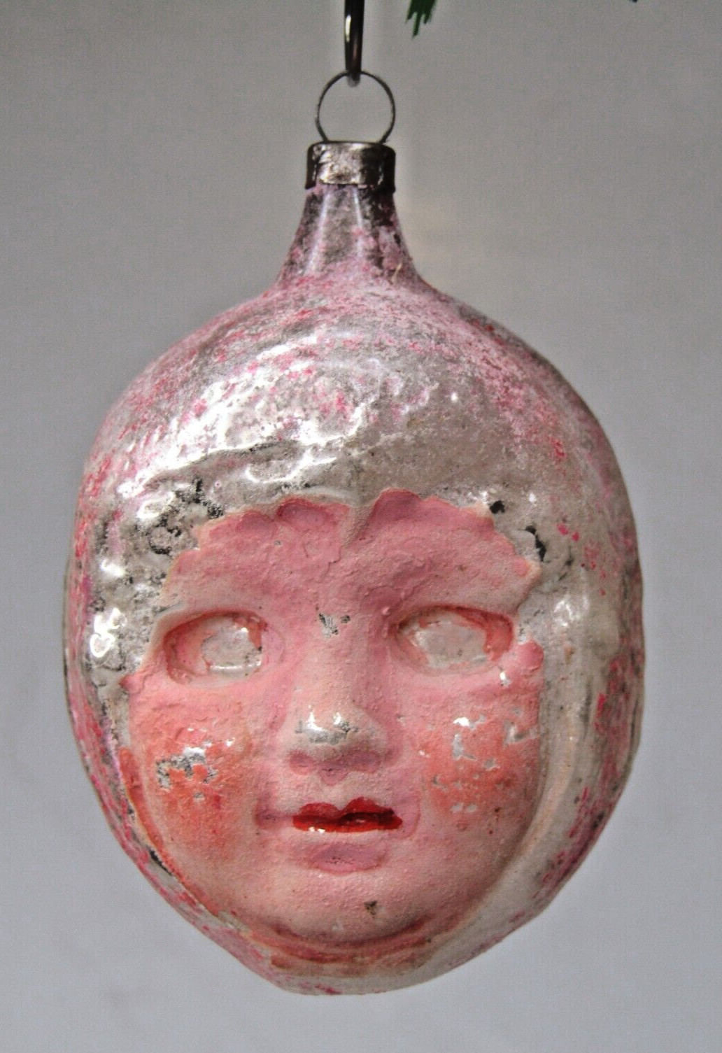 Antique Vintage Glass Red Hood Riding Girl Head Christmas Ornament Germany