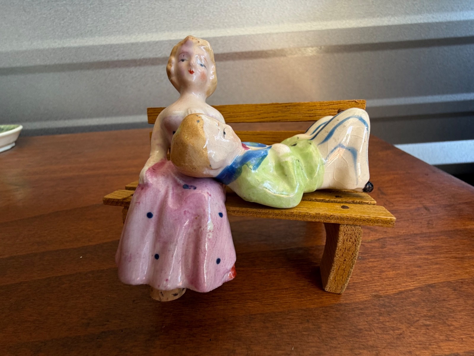 Vintage Courting Couple on Wooden Bench Salt and Pepper Shakers Japan 3 Piece