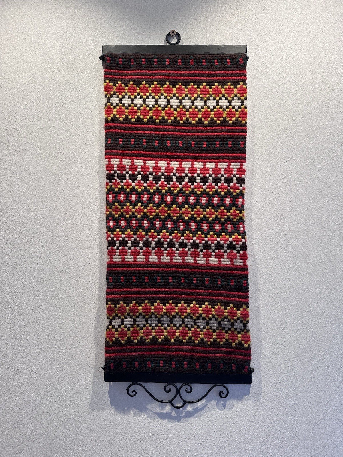 Vtg Norwegian Handwoven Wool Wall Hanging Boho Eclectic 29x11 with Wrought Iron