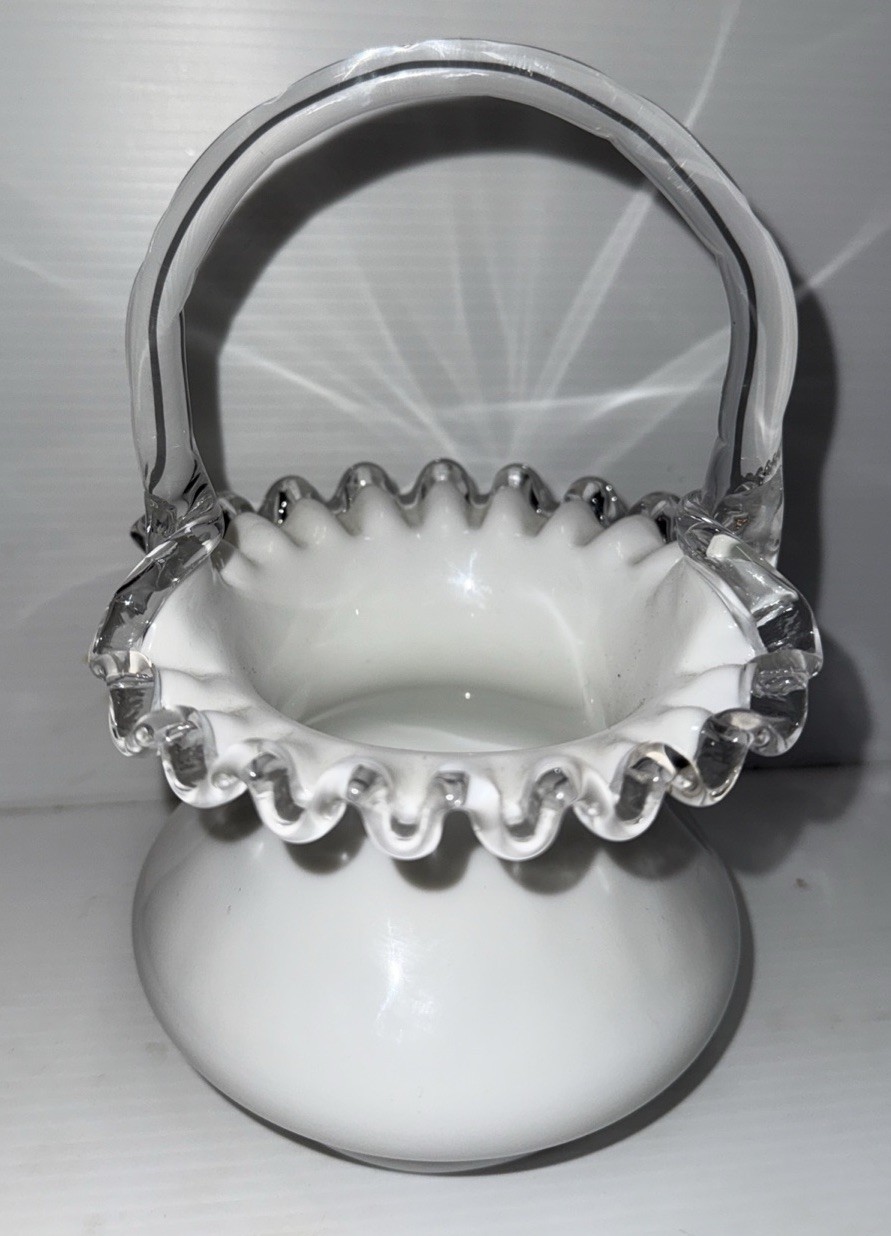 Fenton Silver Crest Milk Glass Basket w/Ruffled Edge & Clear Handle Approx 8