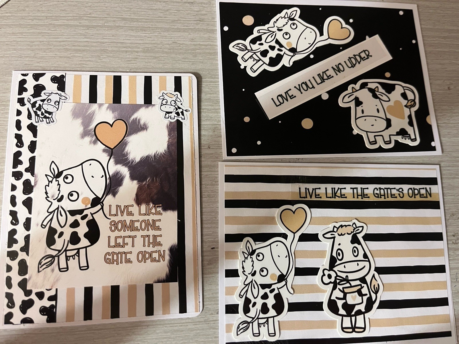 Three Handmade Cow Themed Note Cards With Envelopes