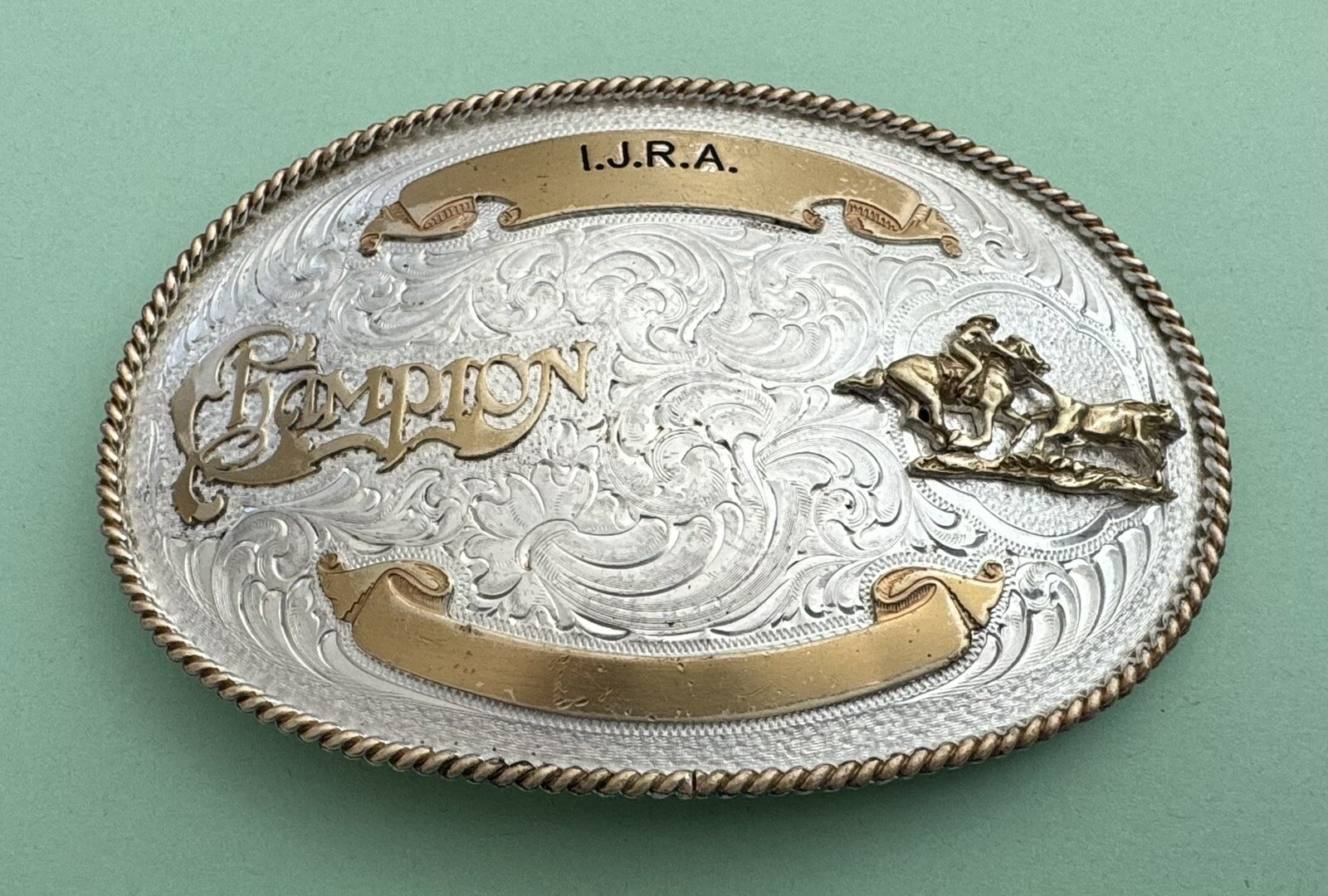Vintage Huge 5 1/4” Heavy Montana IJRA Rodeo Champion Cowboy Trophy Belt Buckle