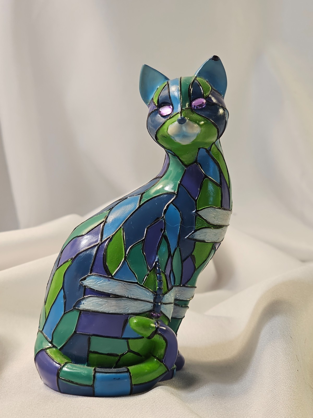 Purr-fect Reflections of Tiffany & Collection cat figurine stain glass dragonfly