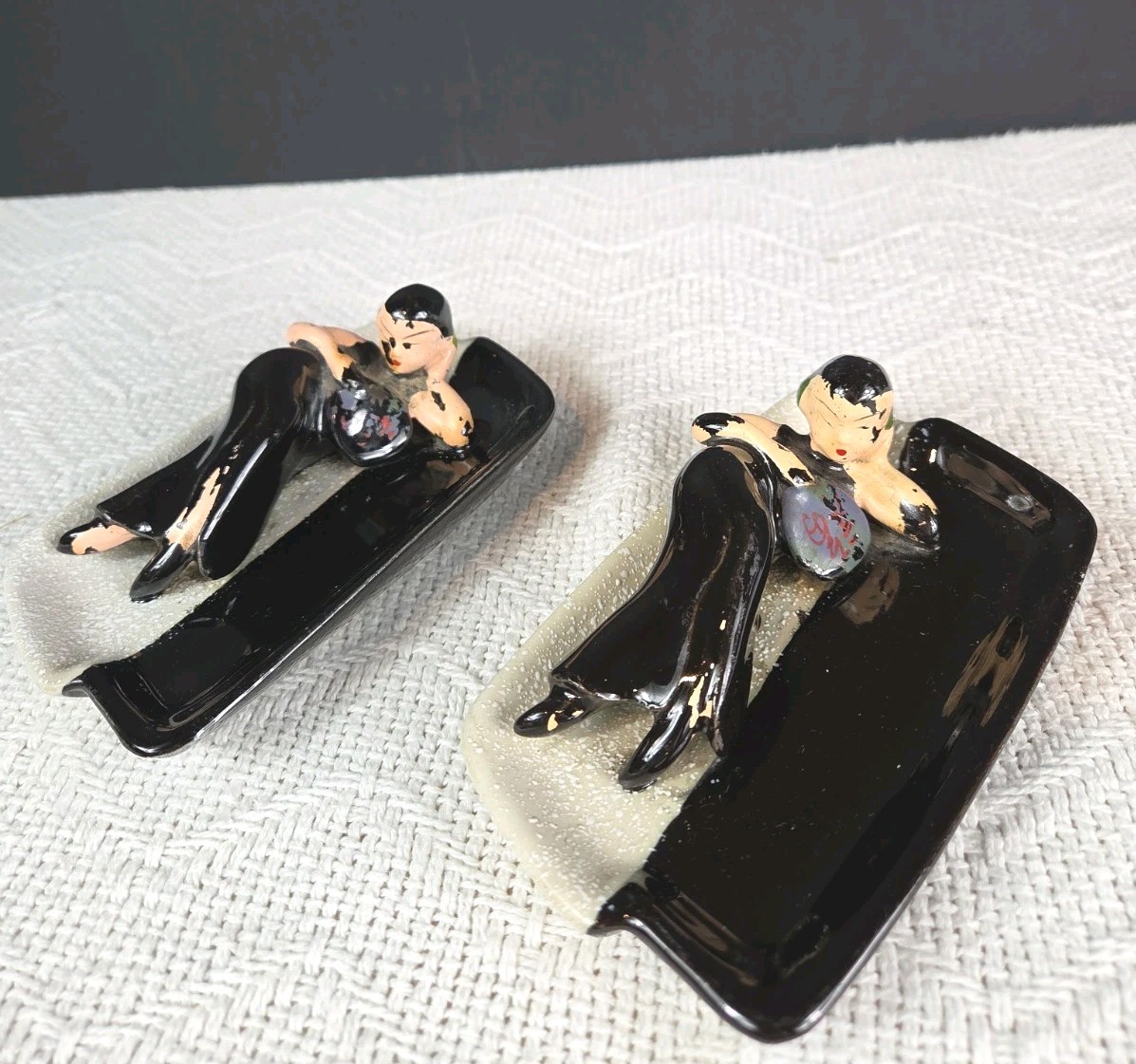 Vtg Art Deco Reclining Lady Ceramic Ashtrays Trinket Dishes MCM Japan Pair of 2