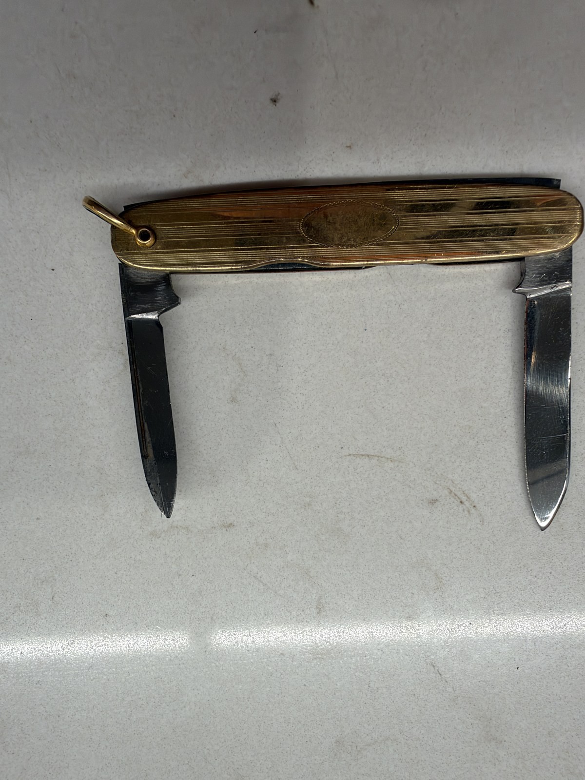 Vintage Gold Tone Watch Fob Pen Knife 2 Blade Engine Turned Art Deco Unmarked