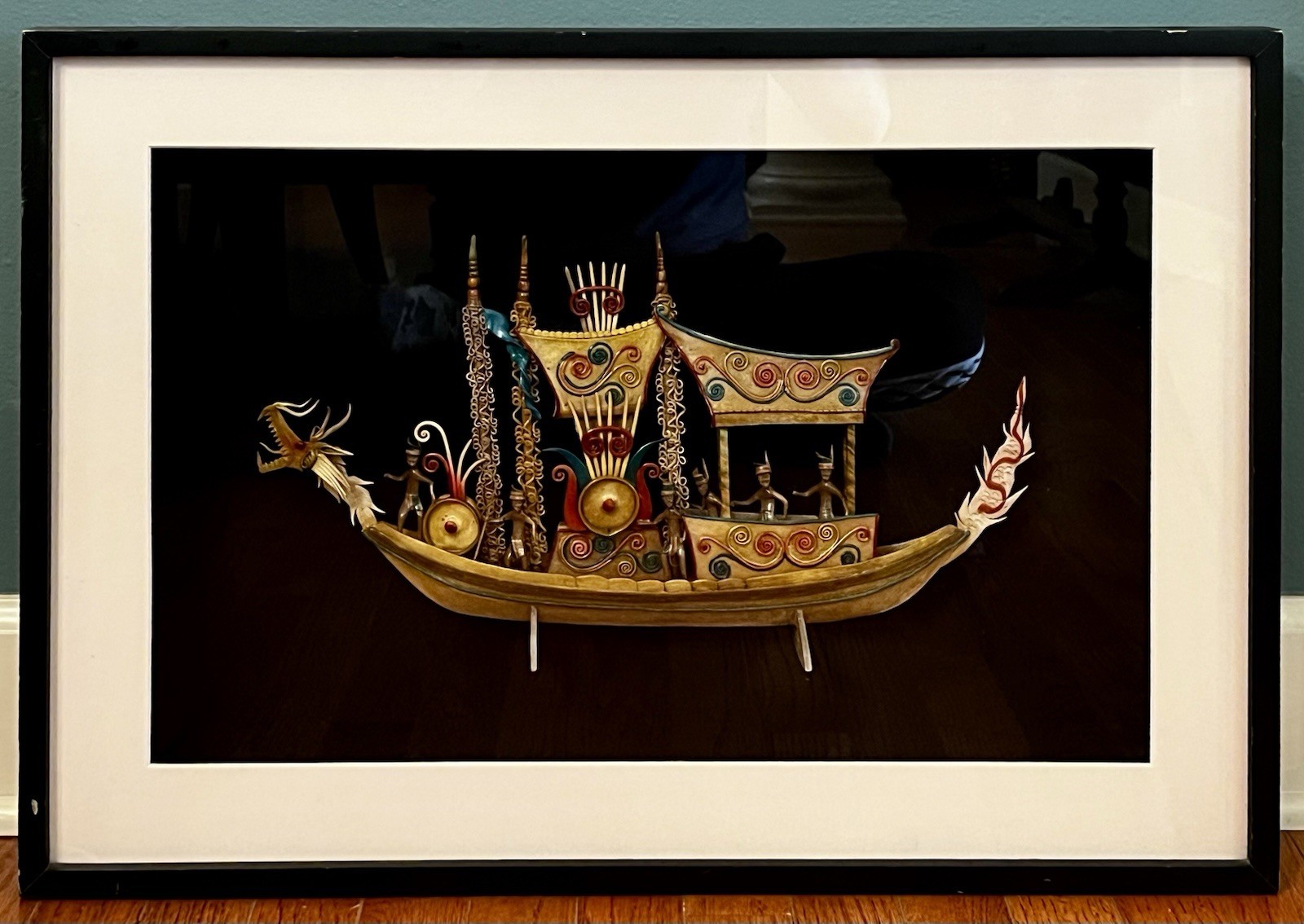 Borneo Dayak Tribe SHIP OF THE DEAD Wood & Gutta-Percha Rubber Ship Model FRAMED