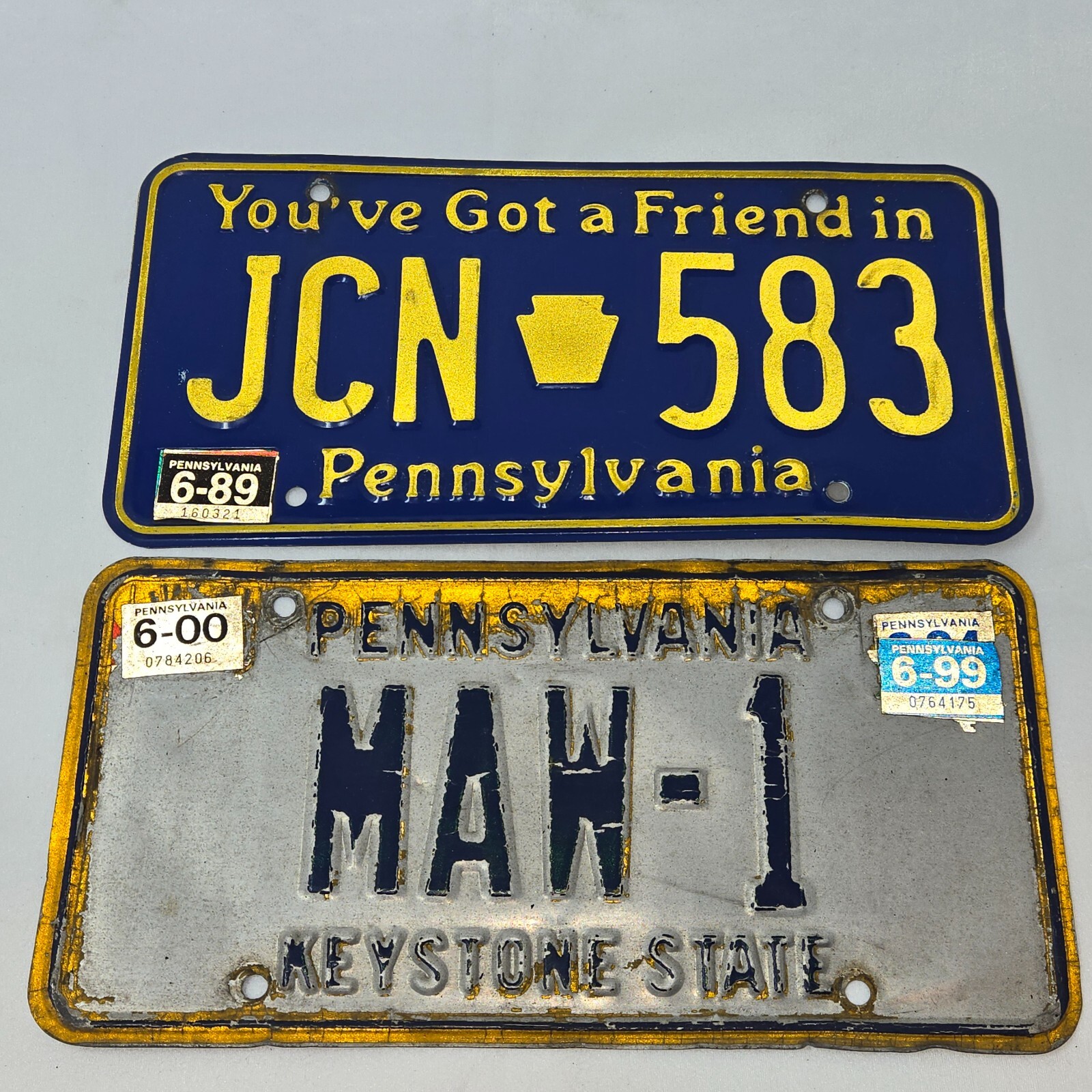 LOT OF 2 VINTAGE PA PENNSYLVANIA LICENSE PLATES PERSONALIZED MAW-1 & JCN-583