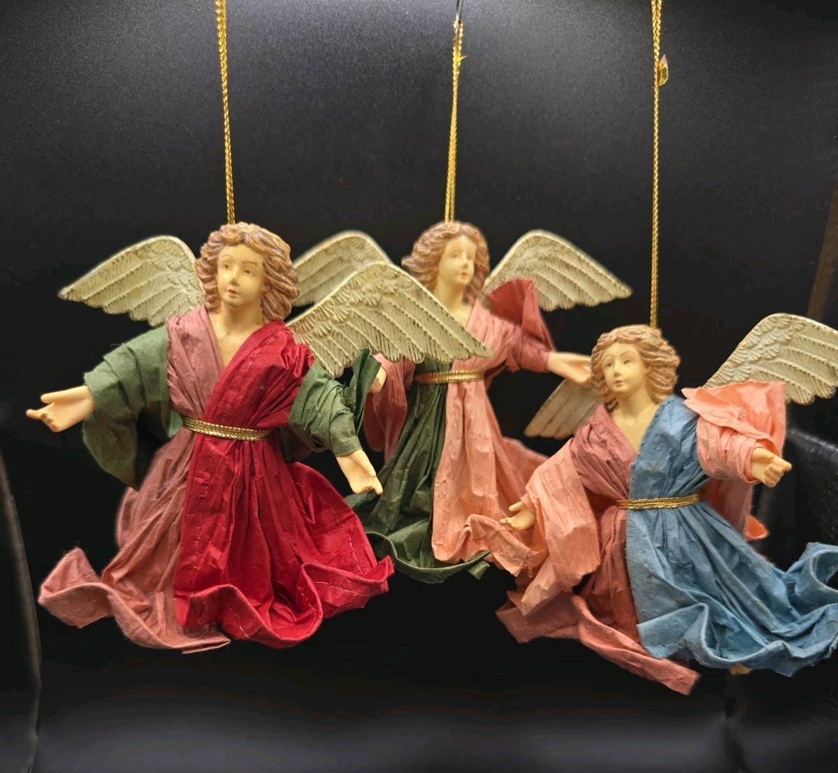 VTG Victorian Paper Mache Twist Christmas Angels Gold Set of 3 Ornaments 4” Tall