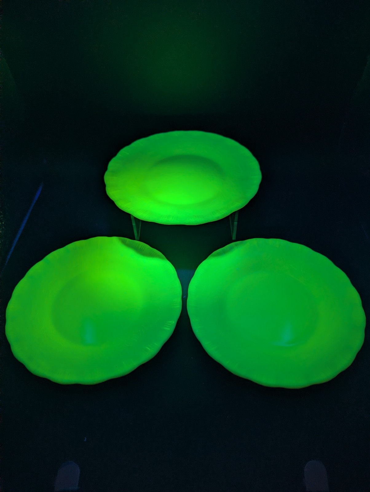 Vtg Macbeth Evans Chinex Classic Uranium Glass Bread Plates, Set of 3, UV Glow 