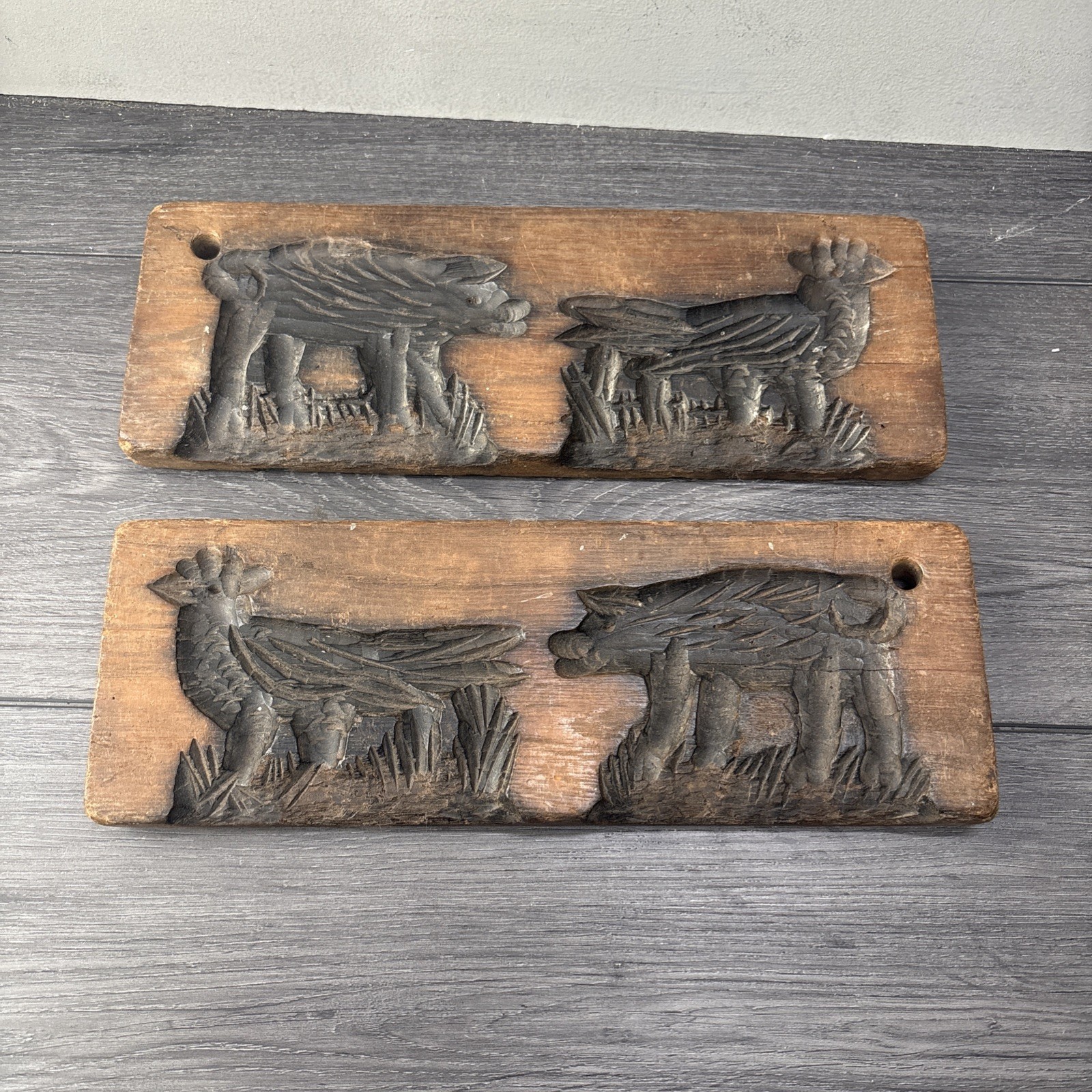 Matched pair of Vintage springerle / cookie boards, Chicken and pig