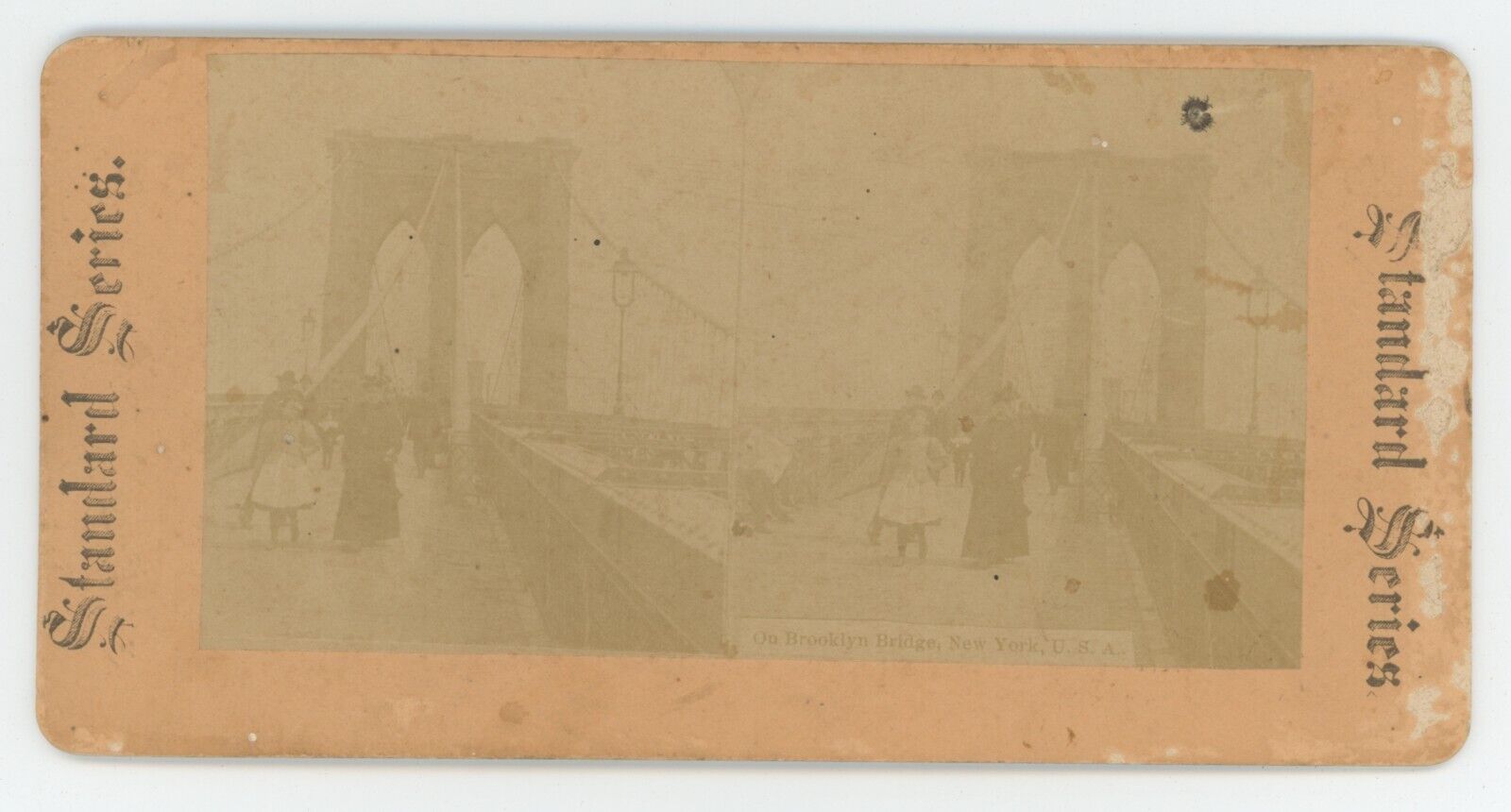 c1890\'s Real Photo Stereoview Men, Women & Children On Brooklyn Bridge, New York