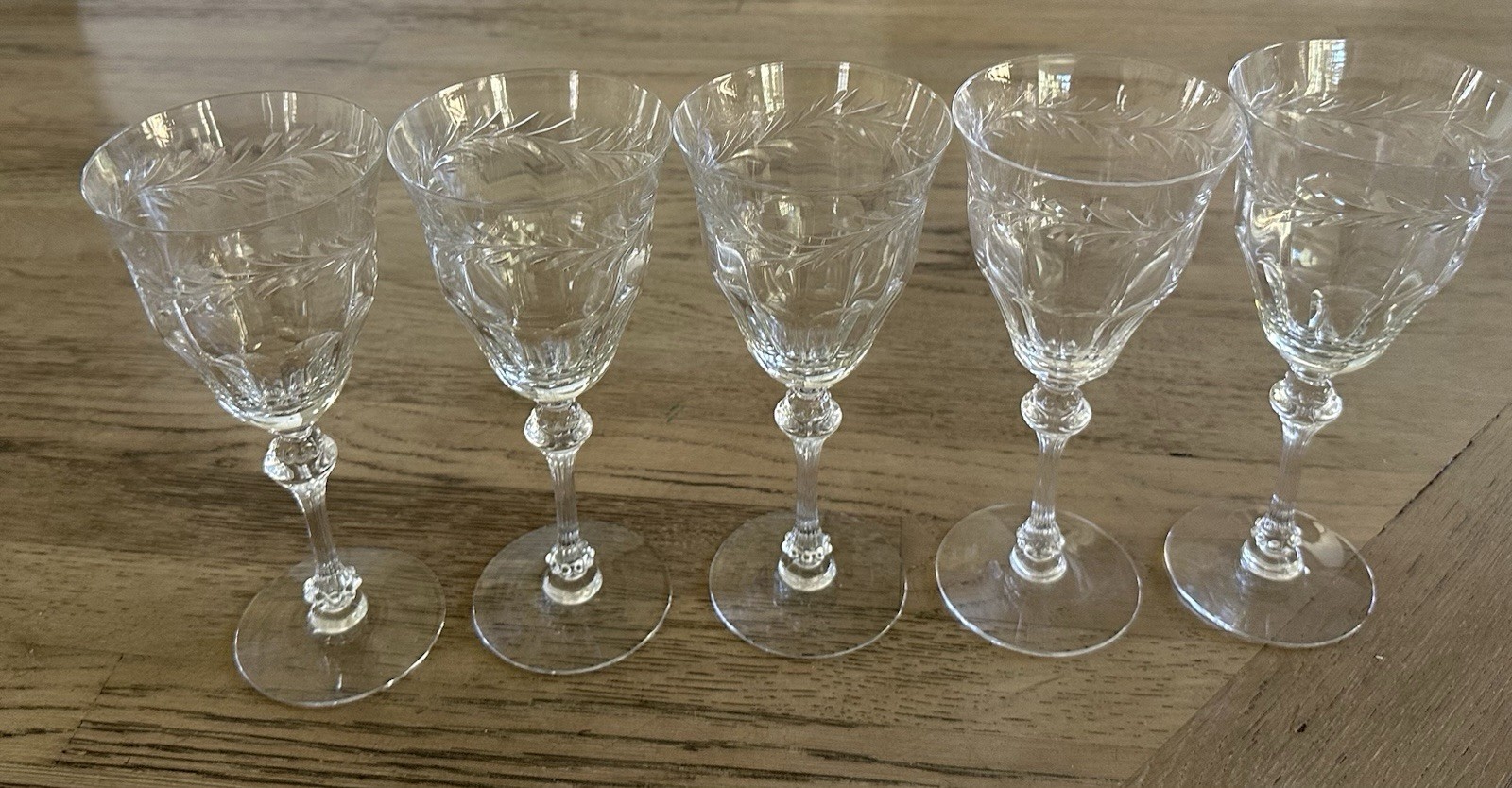 Tiffin Franciscan Priscilla Laurel Leaf Cut Crystal Wine H20 Goblets Set/5 1950s