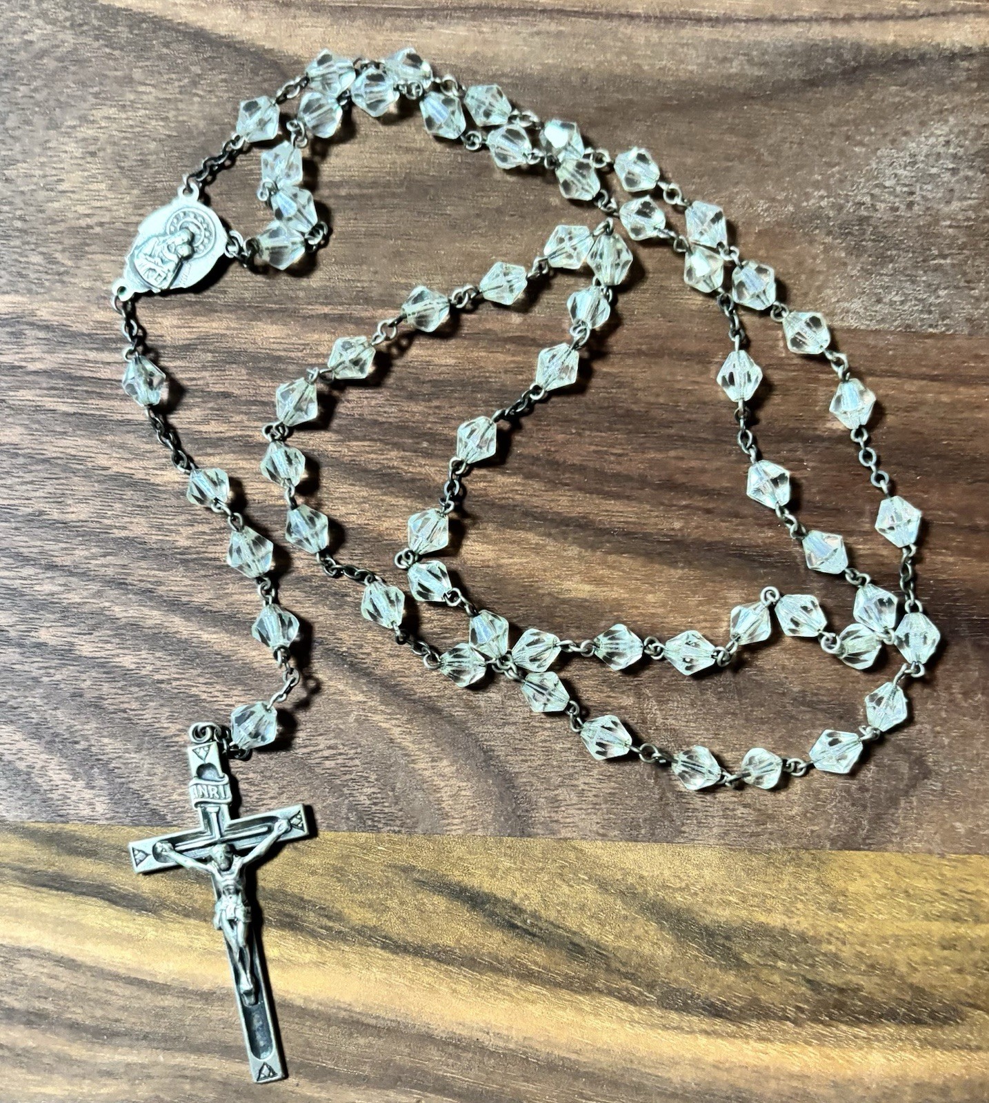 Vintage Rosary Sterling Silver And Cut Crystals Glass Beads Catholic Crucifix