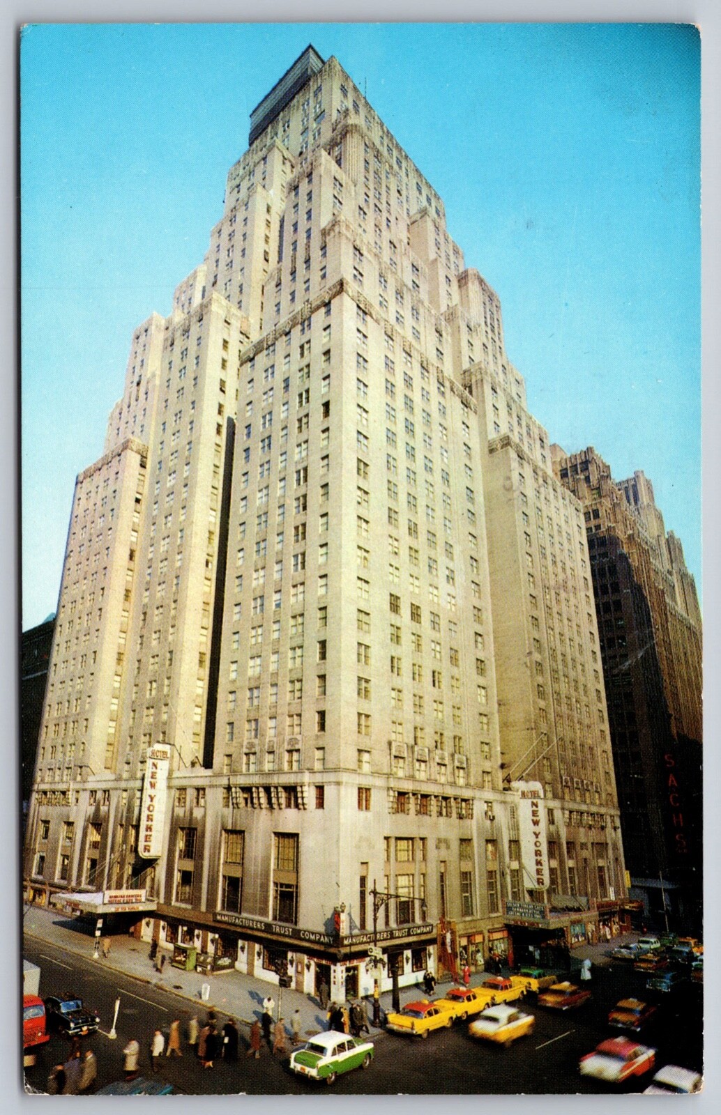 Postcard Hotel New York 34th Street at Eighth Ave cars pedestrians circa 1960