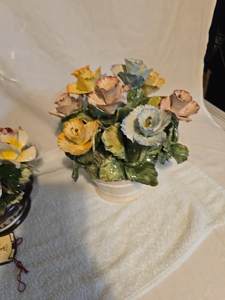 Vintage Large Capodimonte Floral Ceramic Flowers  in bowl  Art Centerpiece Italy