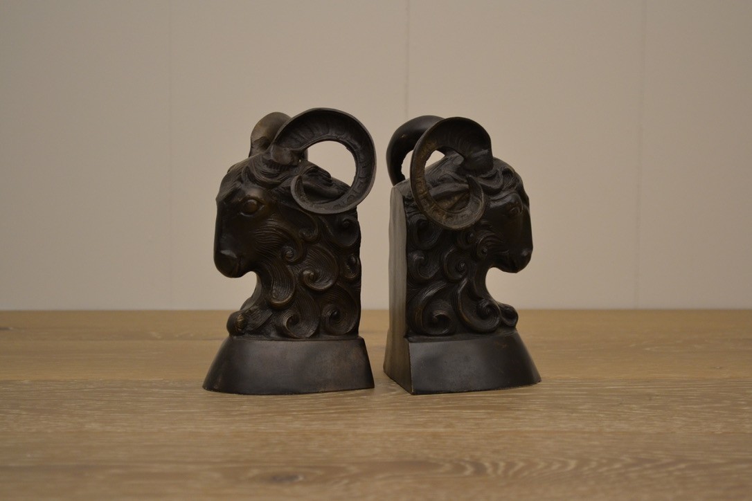 Pair of Vintage Brass Bronze Ram Head Bookends 