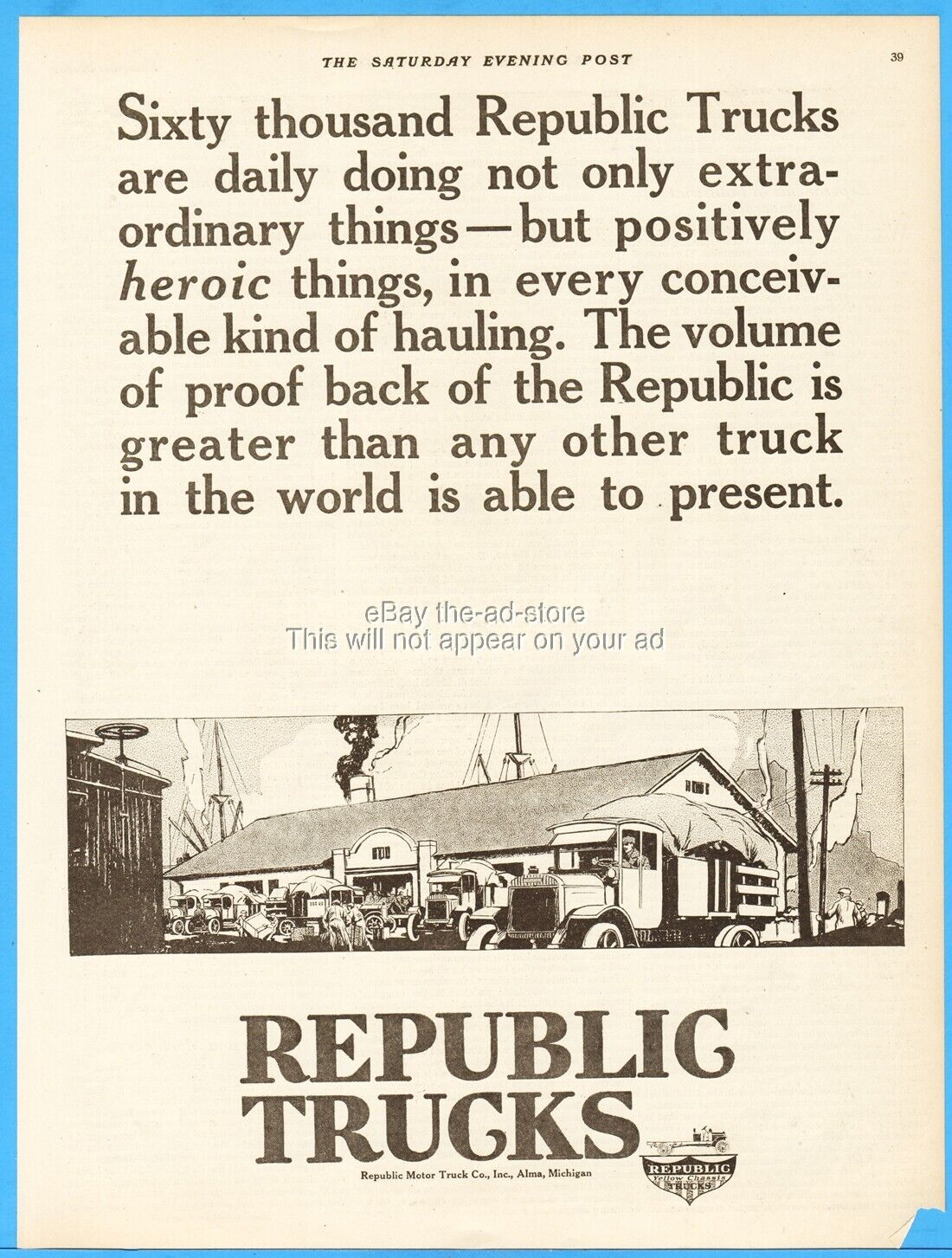 1919 Republic Motor Truck Company Alma MI Antique Print Ad Positively Heroic